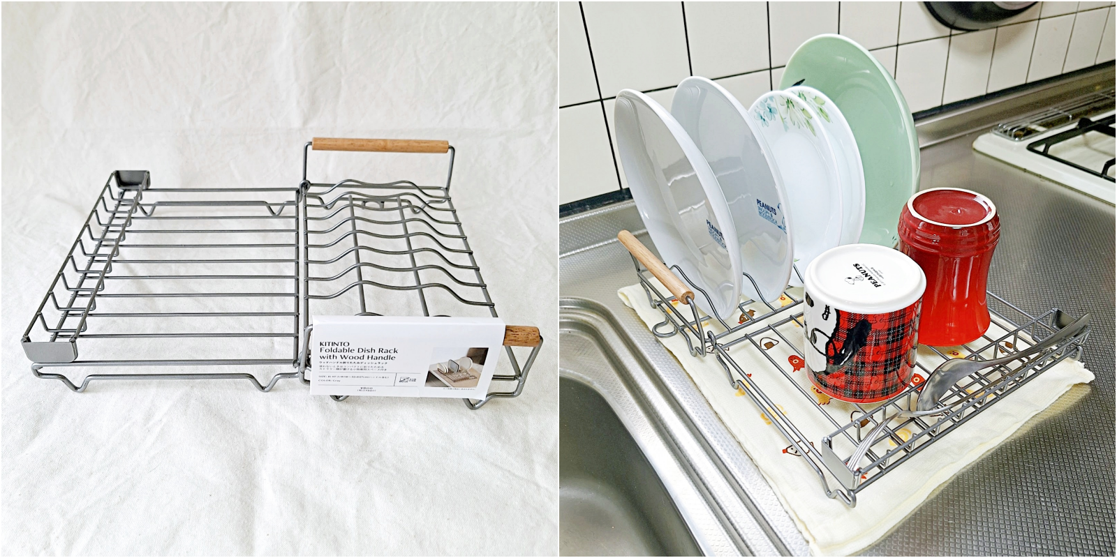 左:空の食器ラック。右:同じラックに皿やコップが並べられています。洗い物が乾かされている様子です。