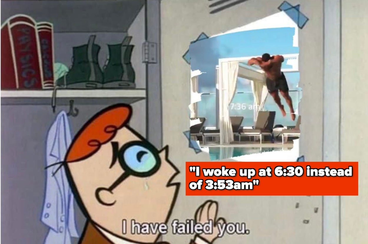 Cartoon character looks into a closet with a poster of a person diving into a pool. Text on the poster reads, "I woke up at 6:30 instead of 3:53am."