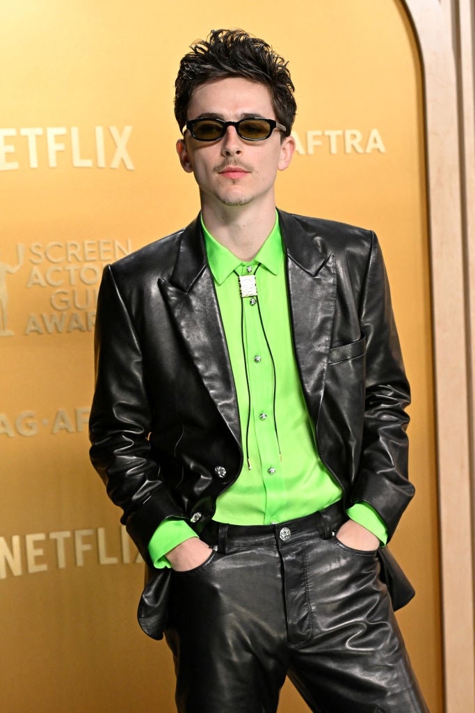 Person in a leather suit with a bright shirt and sunglasses, posing on a red carpet at a celebrity event