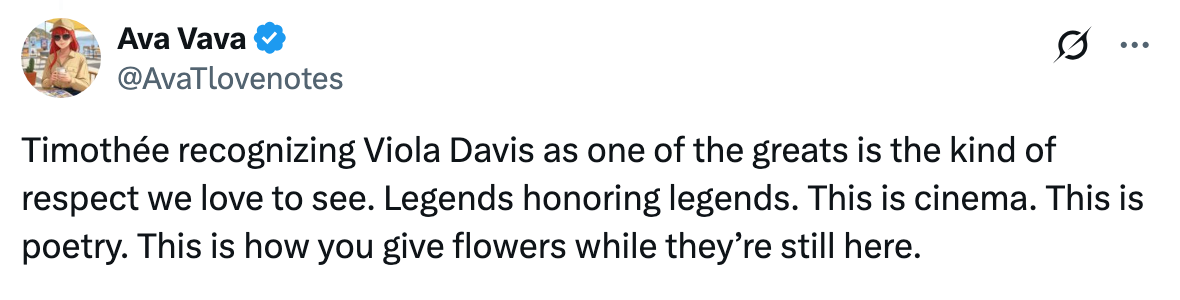 Tweet praising Timothée Chalamet for recognizing Viola Davis as a great. Describes it as respect, cinema, and poetry