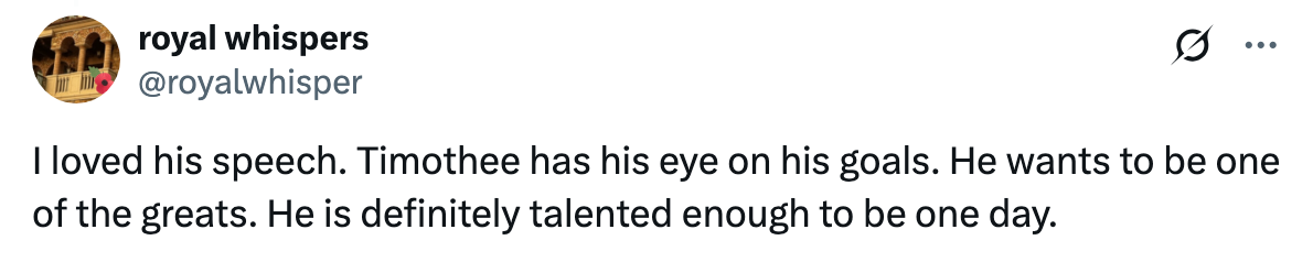 Social media post from "royal whispers" praising Timothee's goals and talent