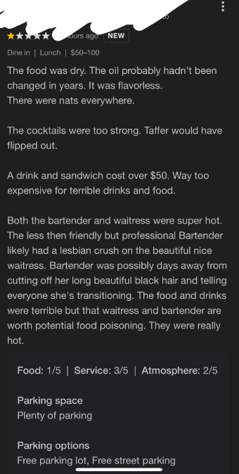 Review of a restaurant highlights poor food and drink quality, with strong cocktails and dry food. While noting the attractive staff, it criticizes service