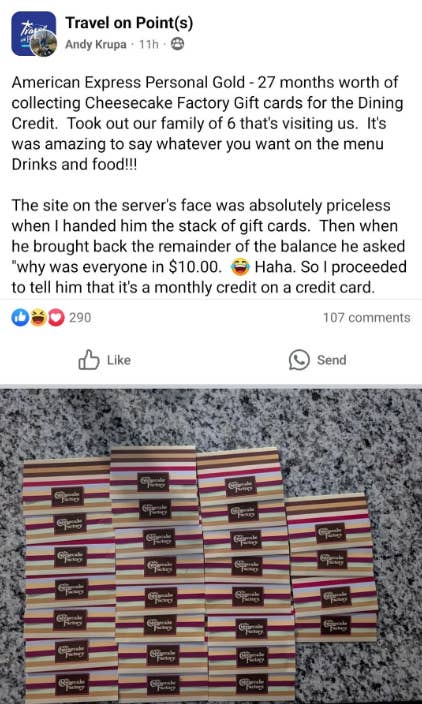 A social media post humorously recounts using Cheesecake Factory gift cards to pay for a large family dinner, surprising the server with the payment method