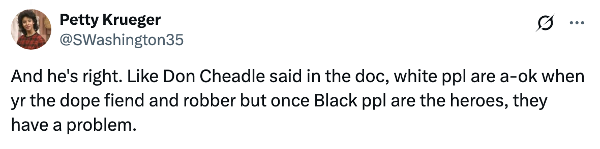 Tweet discussing social issues and stereotypes related to race and media representation, referencing Don Cheadle's comments in a documentary