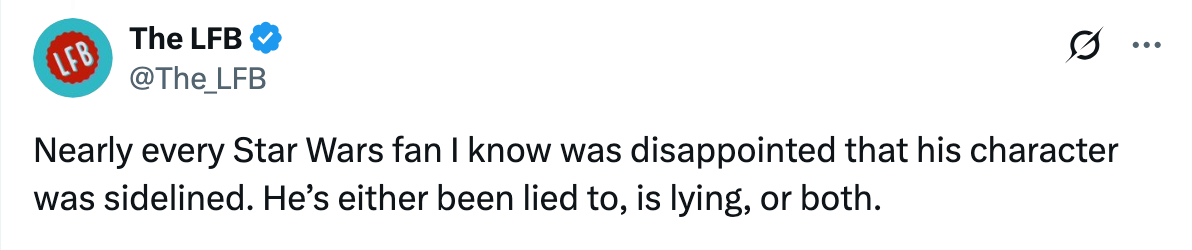 Tweet discussing disappointment with a "Star Wars" character being sidelined, suggesting the person involved was misled, deceptive, or both