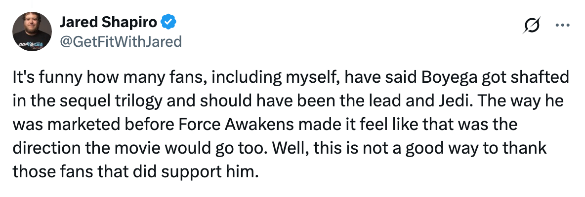 Tweet discussing John Boyega's role in the sequel trilogy, expressing disappointment about his character's development and treatment of supportive fans