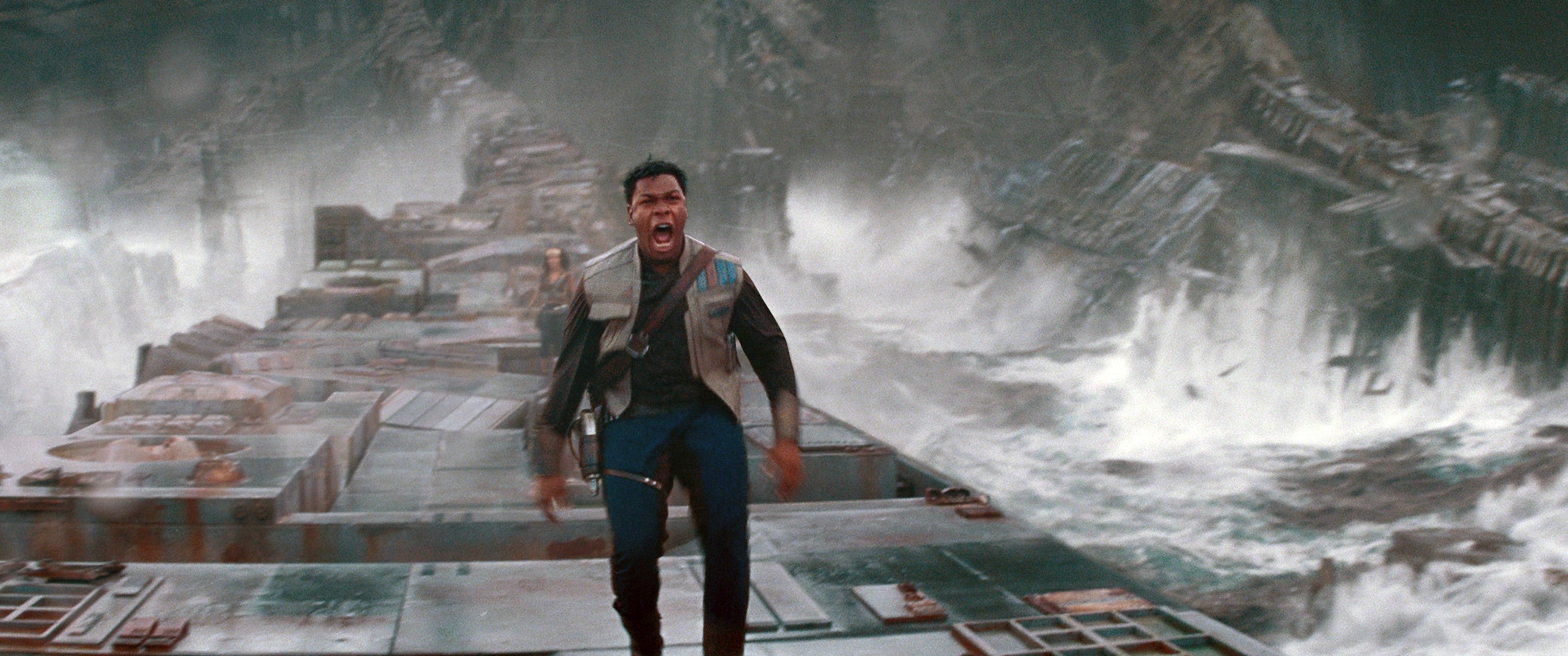 A person confidently walks on a dramatic, turbulent scene with large waves crashing around, conveying action and intensity