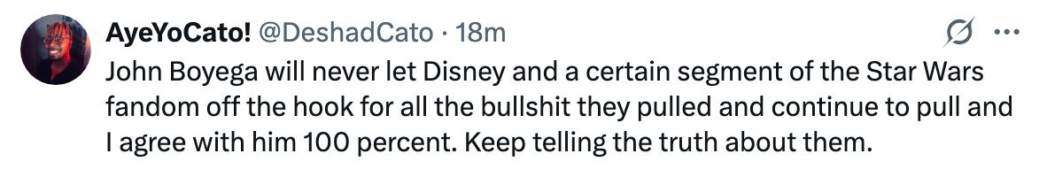 Tweet expressing support for John Boyega criticizing Disney and a part of the Star Wars fandom, urging him to keep speaking out