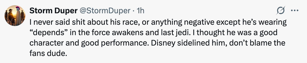 Tweet criticizing Disney for sidelining a good character and performance, mentioning "The Force Awakens" and "Last Jedi."