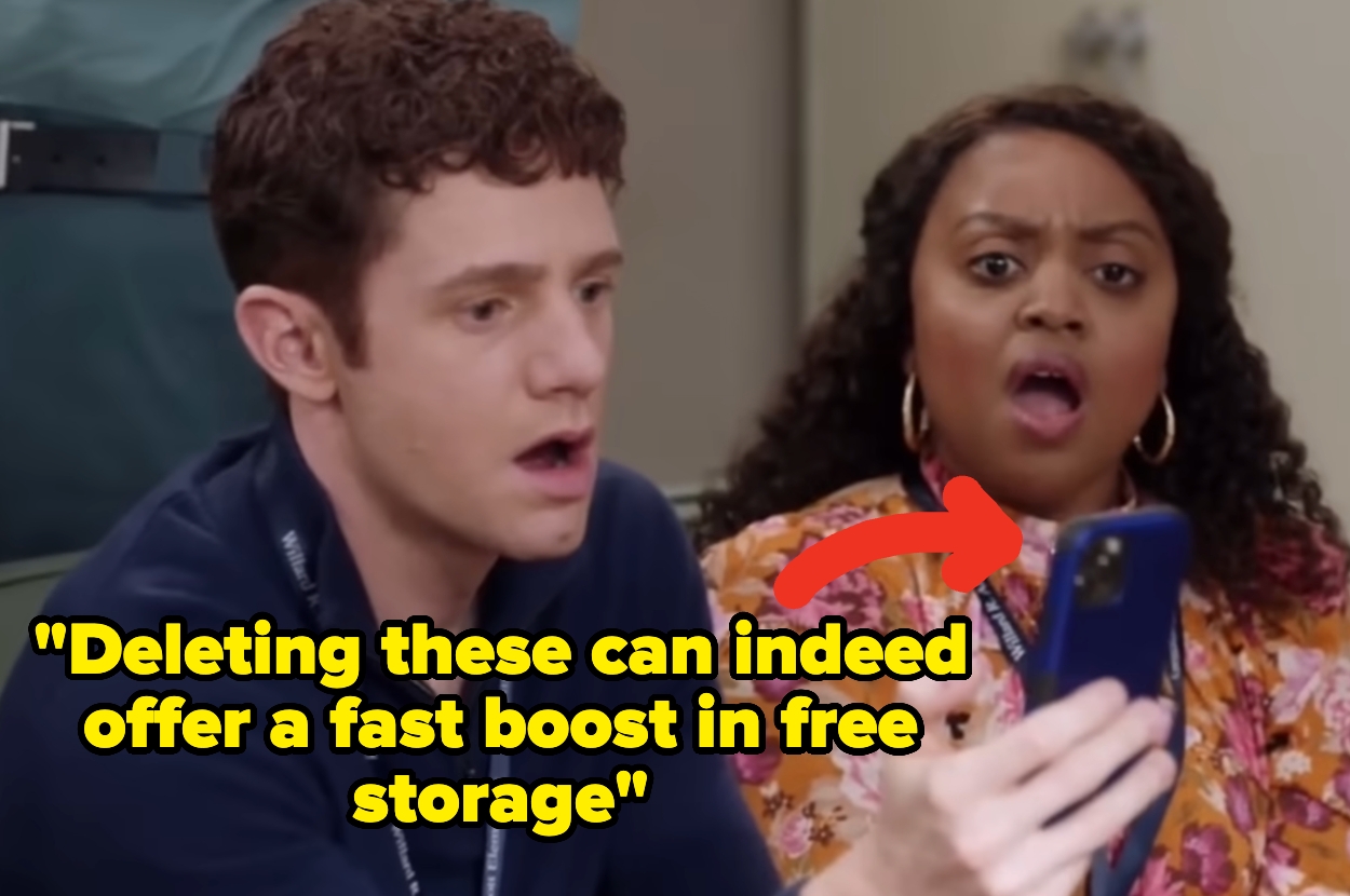 Two people look surprised while looking at a smartphone, with text suggesting deleting files can free up storage
