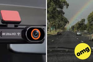 Dashcam close-up on left, showcasing "4K Ultra HD." On right, road scene with trees and a rainbow. Yellow "OMG" circle overlay on bottom right