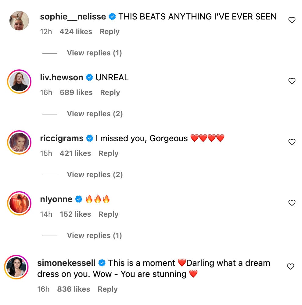 Social media comments expressing admiration and excitement for someone's stunning appearance, with emojis and high engagement