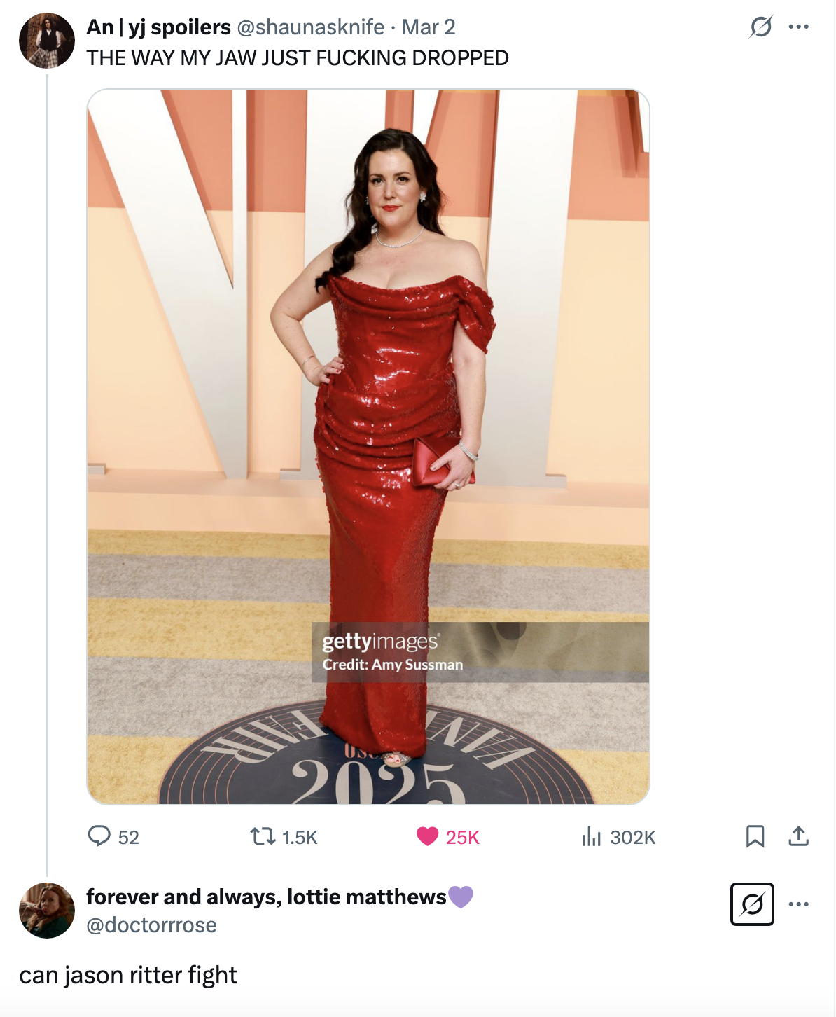 Person in off-shoulder sequined gown posing on a red carpet. Text response says "can jason ritter fight"