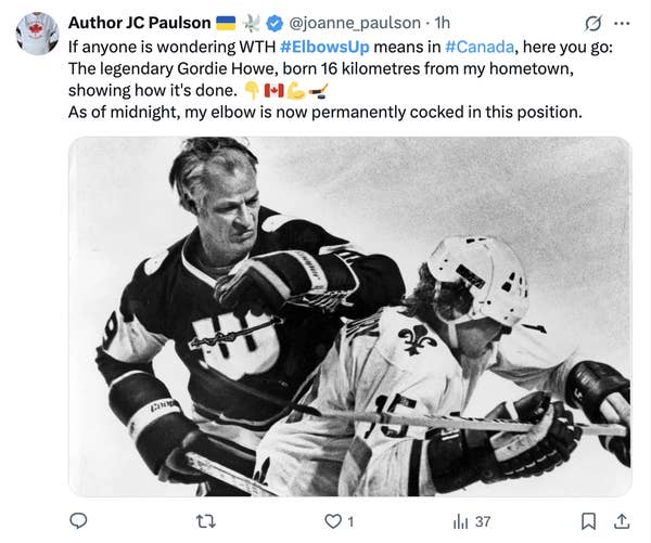 Gordie Howe, ice hockey player, displaying an elbow move during a game; text above mentions Canadian hashtag and hometown pride