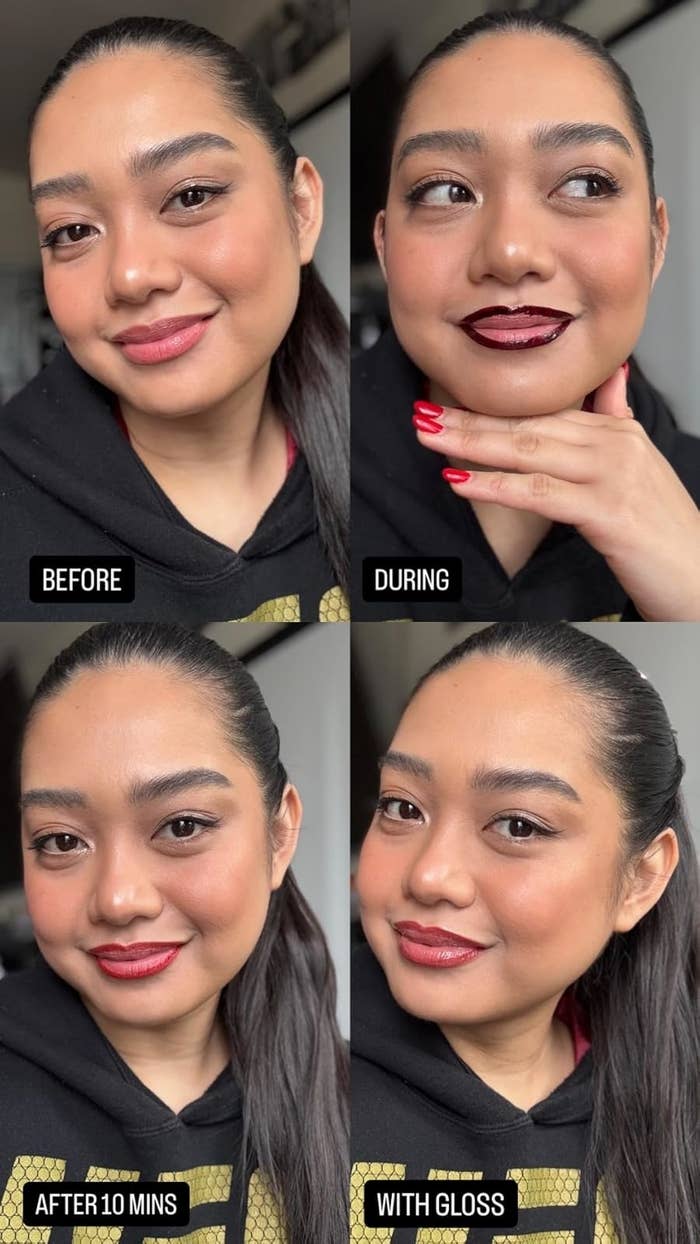  bare lips, during application, 10 minutes after, and with gloss