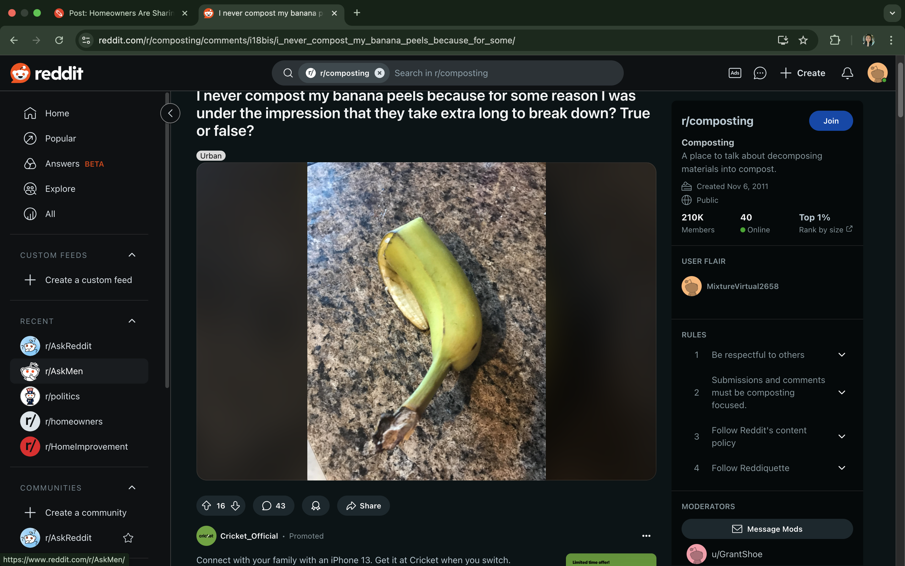 Screenshot of a Reddit post showing a banana peel on a countertop. The post asks if banana peels take extra long to break down, true or false