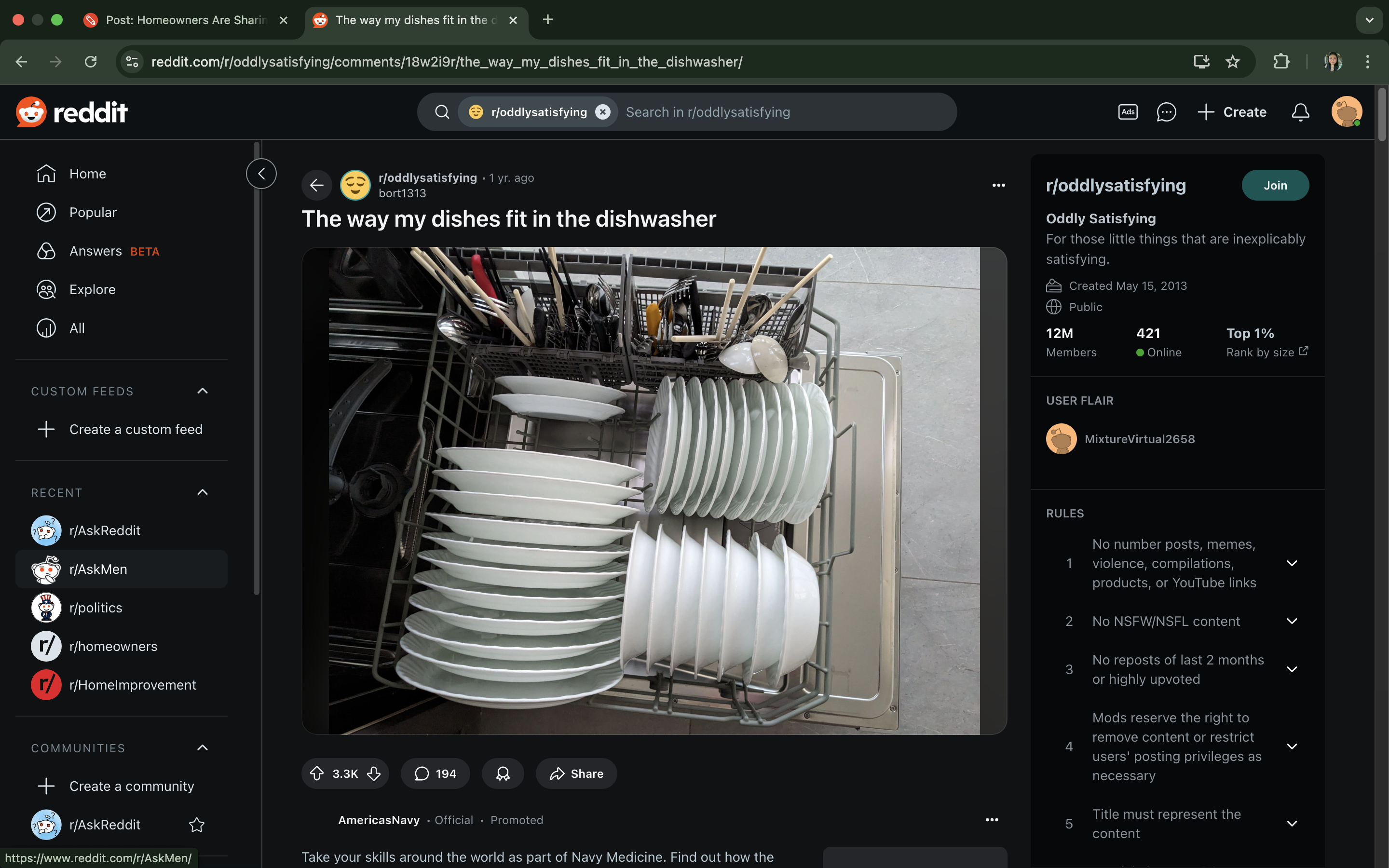 Reddit post showing neatly arranged dishes in a dishwasher. The image is about the satisfaction of a perfectly organized fit