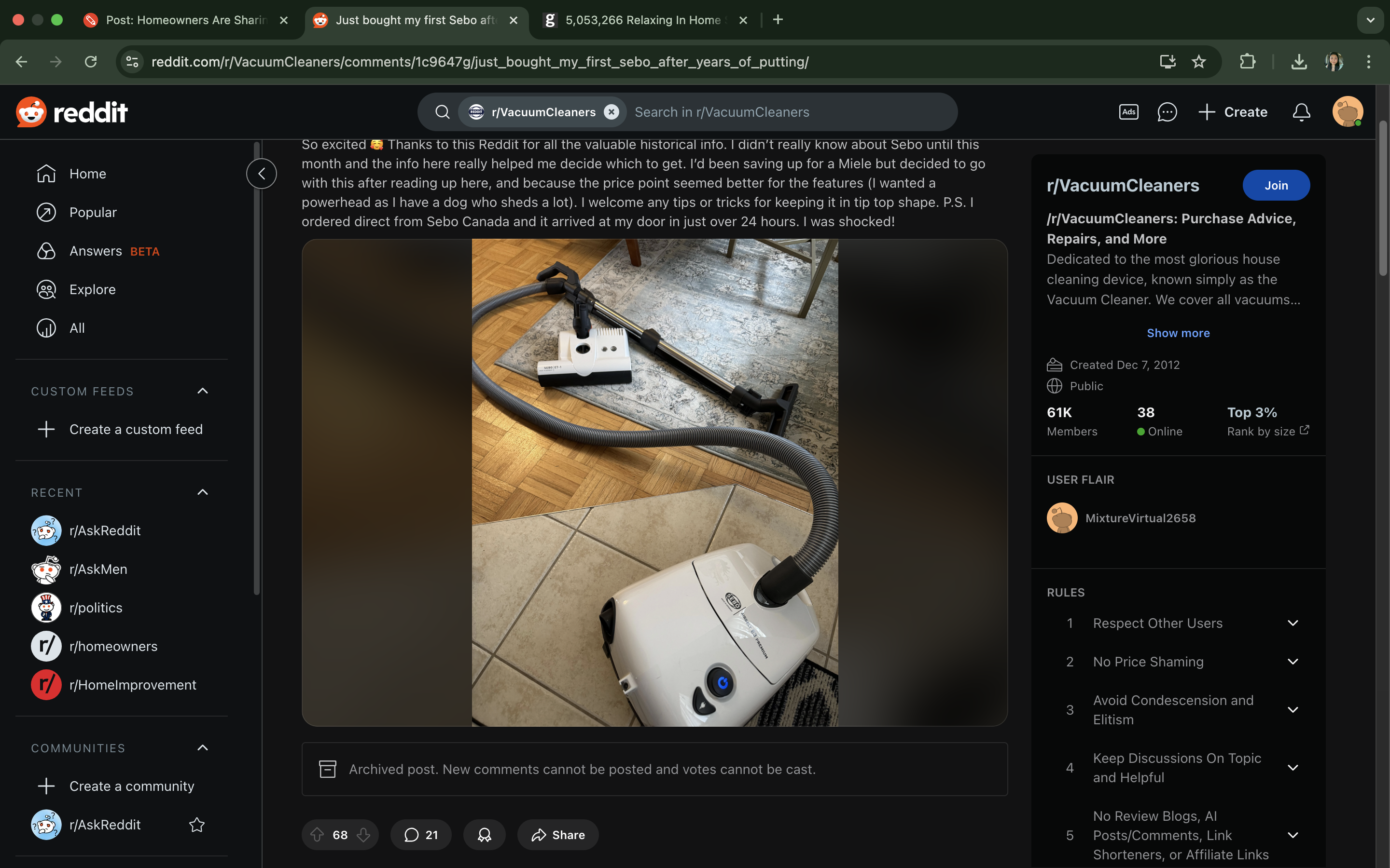 Screenshot of a Reddit post showing a vacuum cleaner on a rug, with comments discussing its purchase and performance