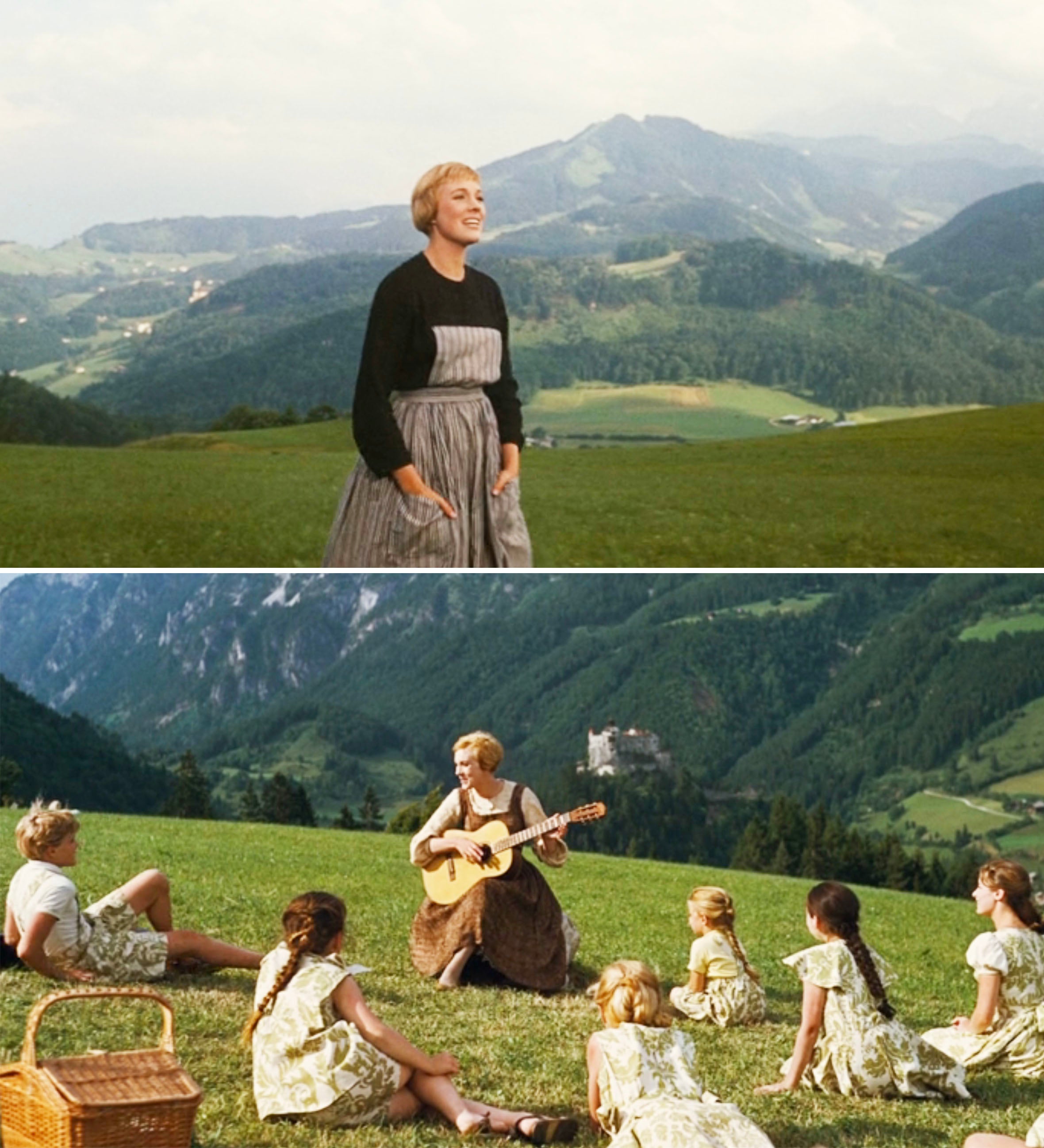 Two scenes from "The Sound of Music" featuring Julie Andrews on a gorgeous mountain