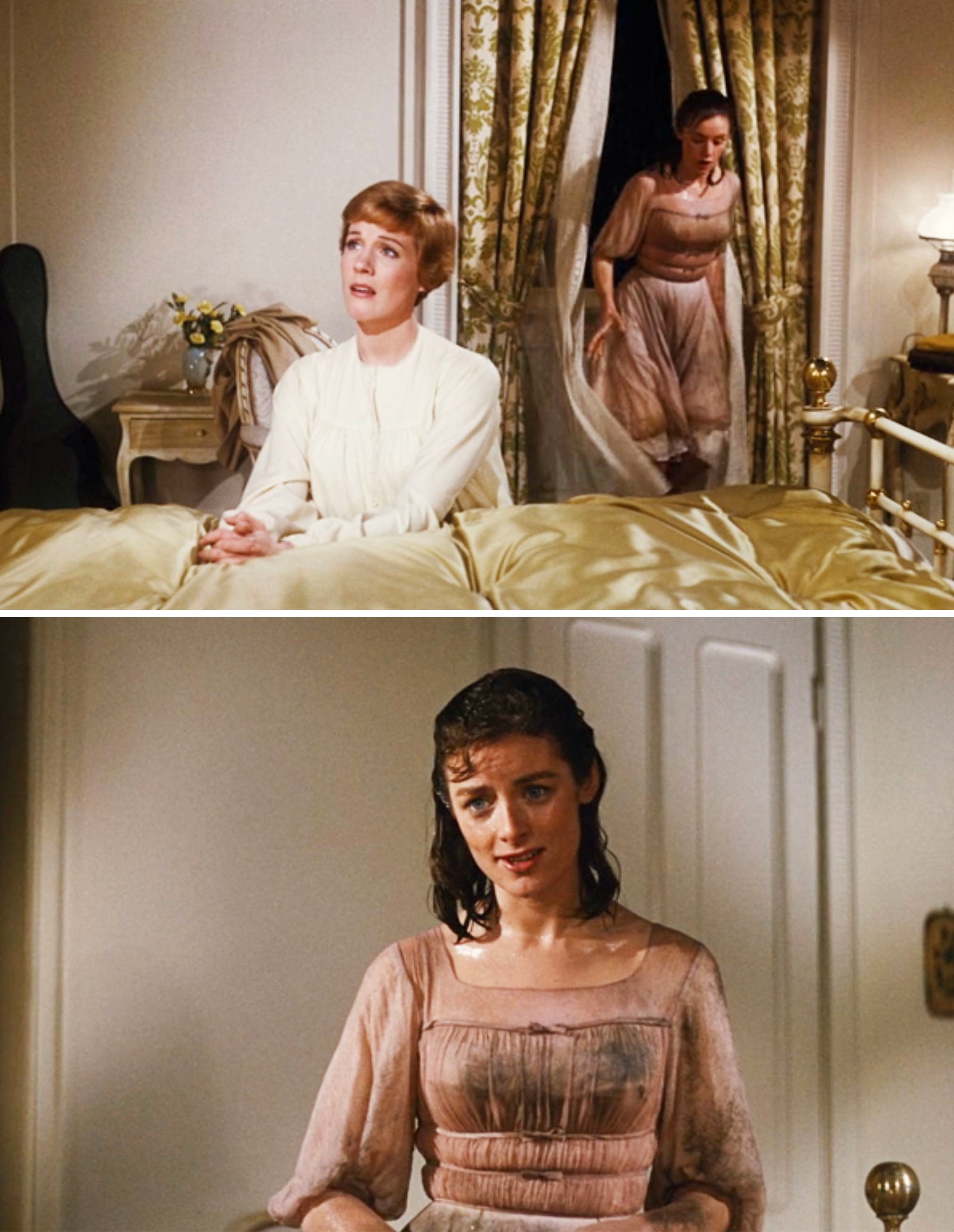 Leisl standing in Maria's bedroom soaking wet as Maria kneels by her bed