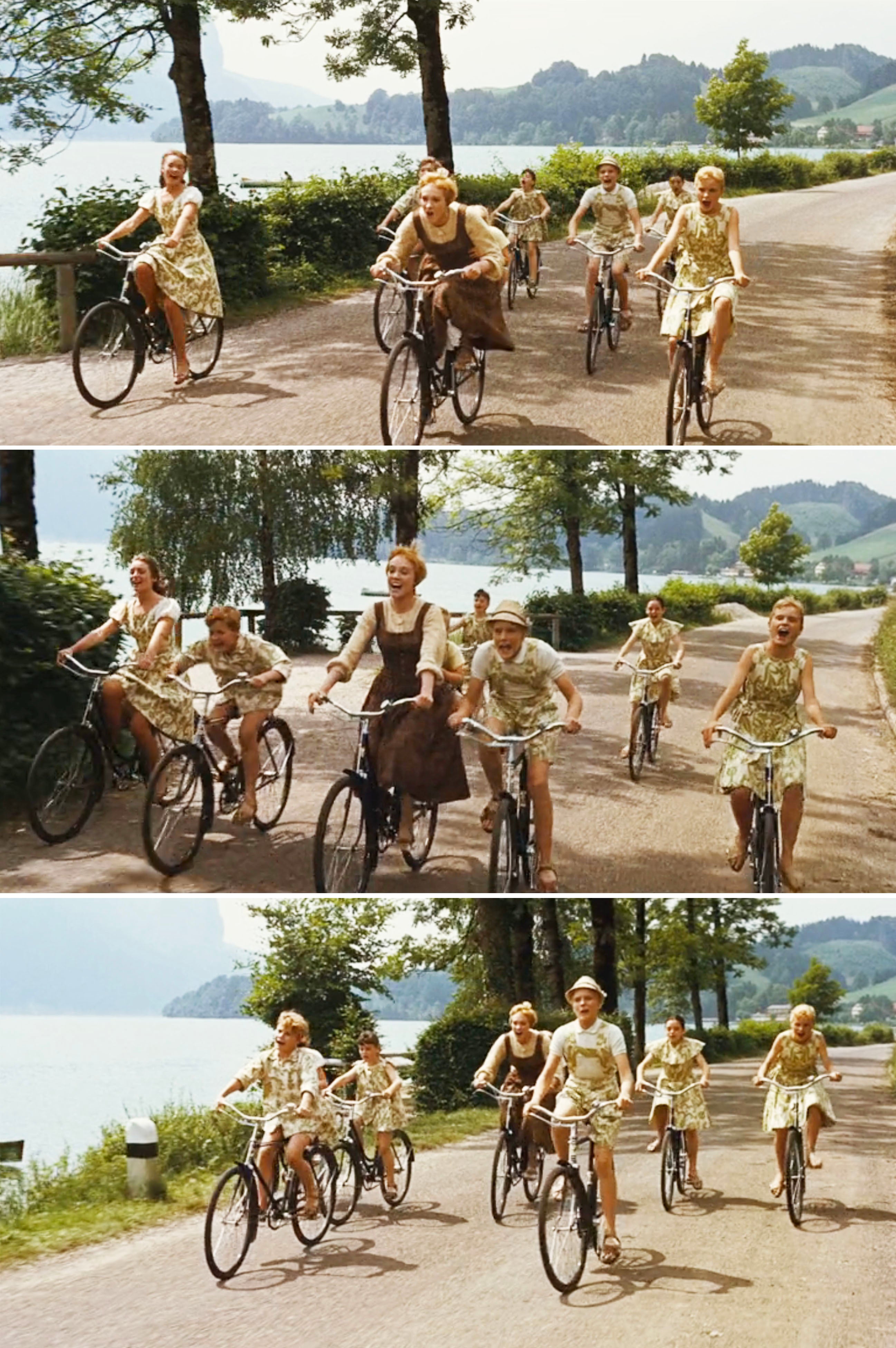 Maria and the von Trapp children joyfully riding their bikes and singing