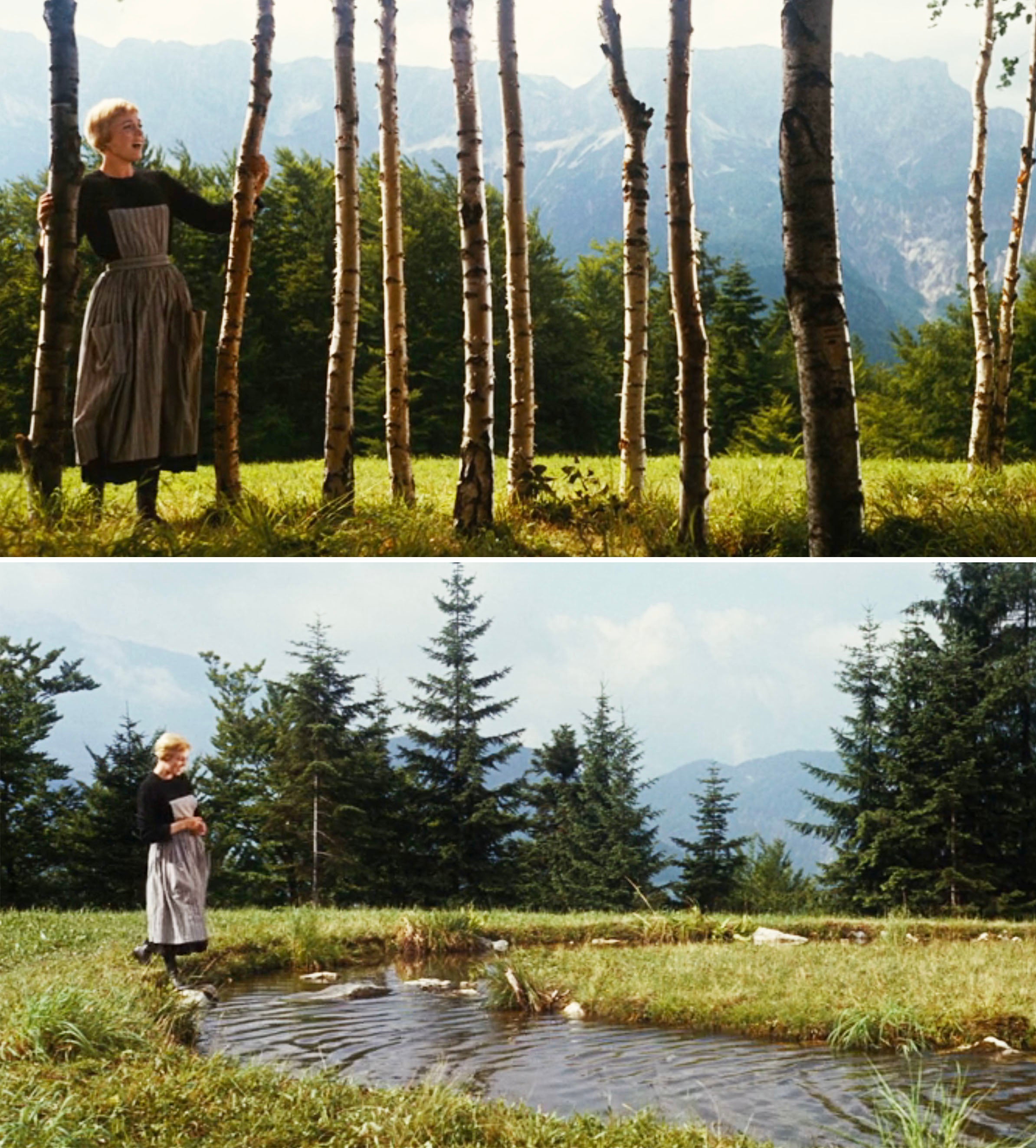 Maria walking through trees and standing near a brook