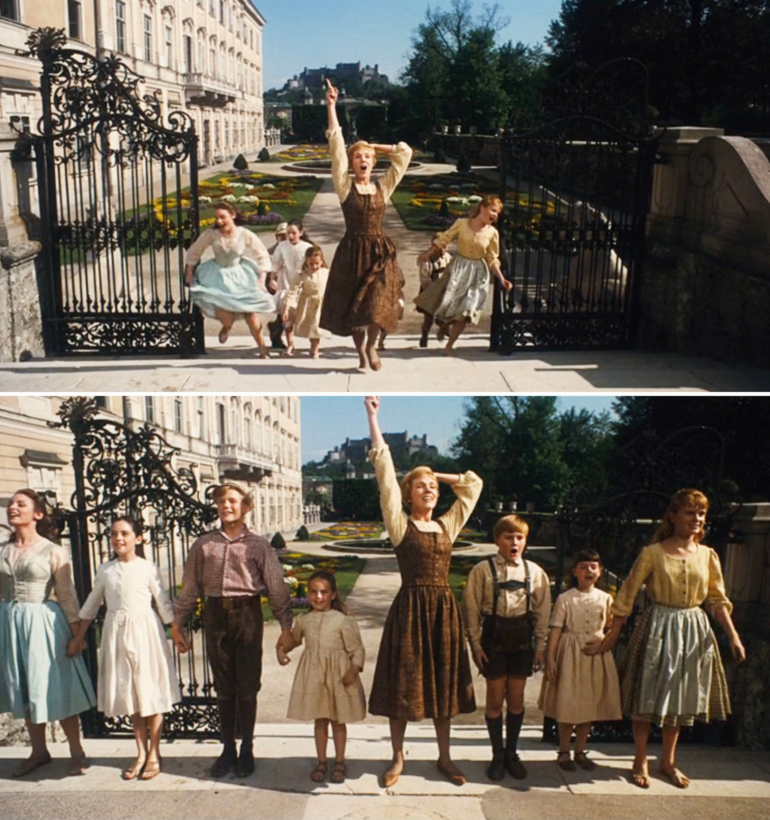 Maria and the von Trapp children singing on a set of stairs outside