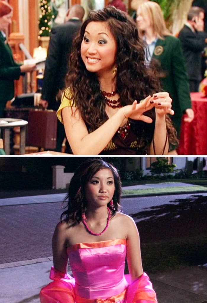 Woman in two scenes: smiling indoors, wearing casual printed top; outside at night, in strapless pink dress, accessorized with necklace