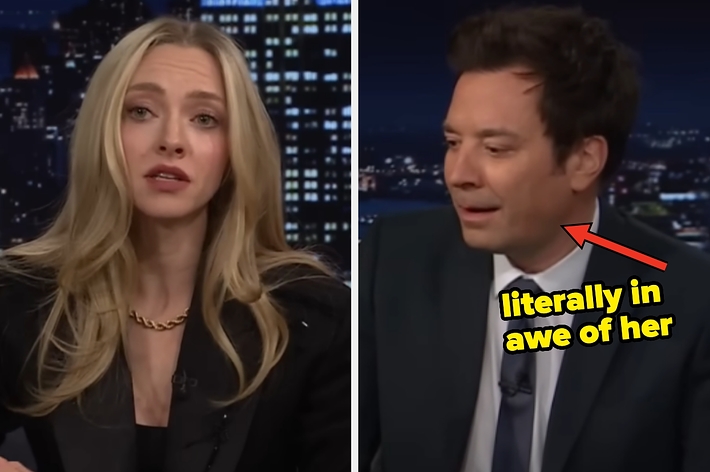 Two people in a split-screen interview. The right side has a caption: "literally in awe of her."