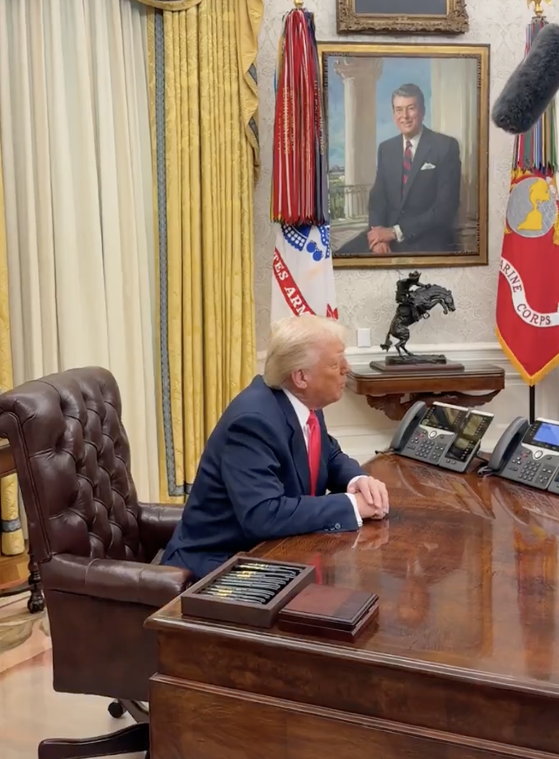 A person is seated at a desk in a formal office, speaking on the phone. A portrait and military flags are visible in the background