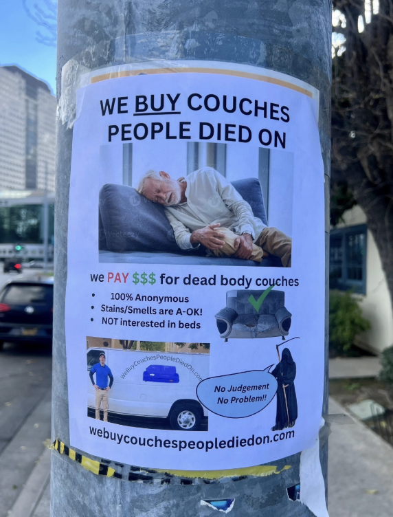 Flyer for buying utilized  couches, accepting those with stains, odors; not funny   successful  beds. Appears humorous with images and a logo