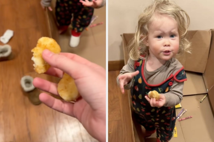 左の画像:床に置かれたブーツの中にナゲット。右の画像:ナゲットを持つ幼児。