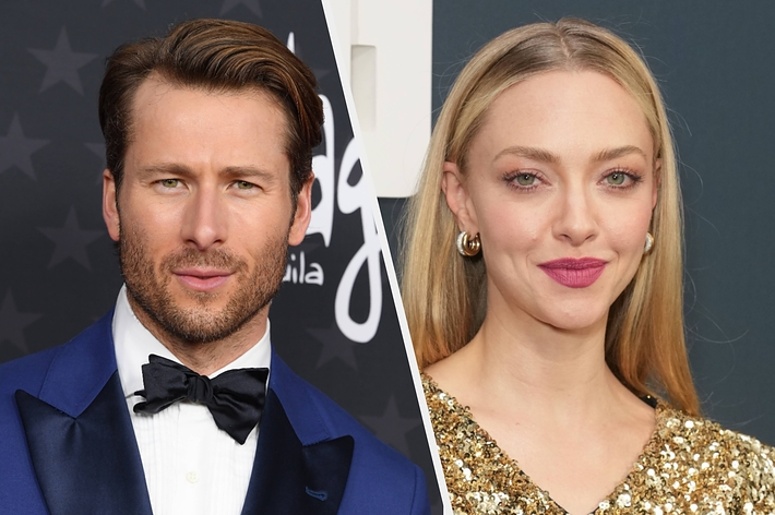 Two people on a split image. Left: Person in a blue suit with a bow tie. Right: Person in a sparkling gold outfit with hoop earrings
