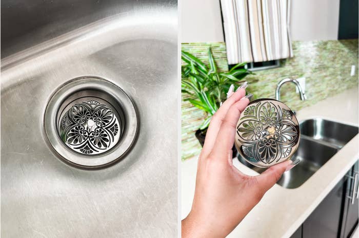 Decorative sink strainer with floral design shown in a stainless steel sink