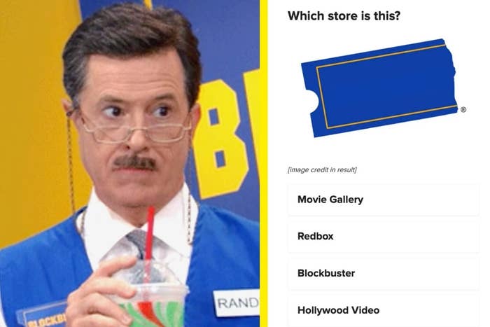 Man dressed as a Blockbuster employee sips a Slurpee. Image asks which store he's from with options: Movie Gallery, Redbox, Blockbuster, Hollywood Video