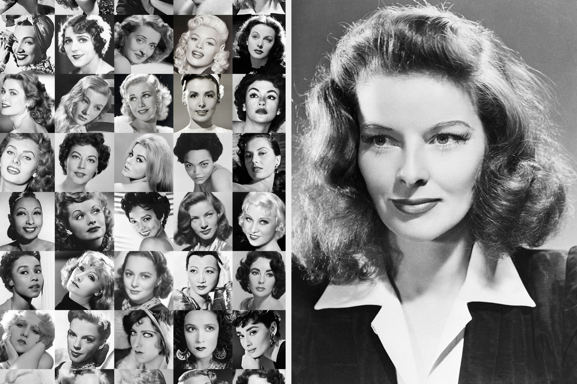 Collage of classic film actresses; large photo of a woman with wavy hair and a collared shirt on the right