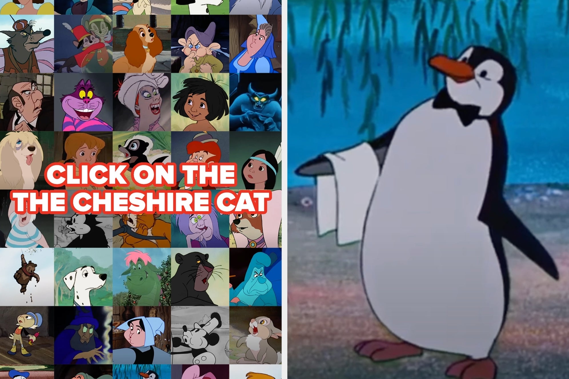 Collage of animated characters with a prompt to click on the Cheshire Cat; includes various well-known Disney characters