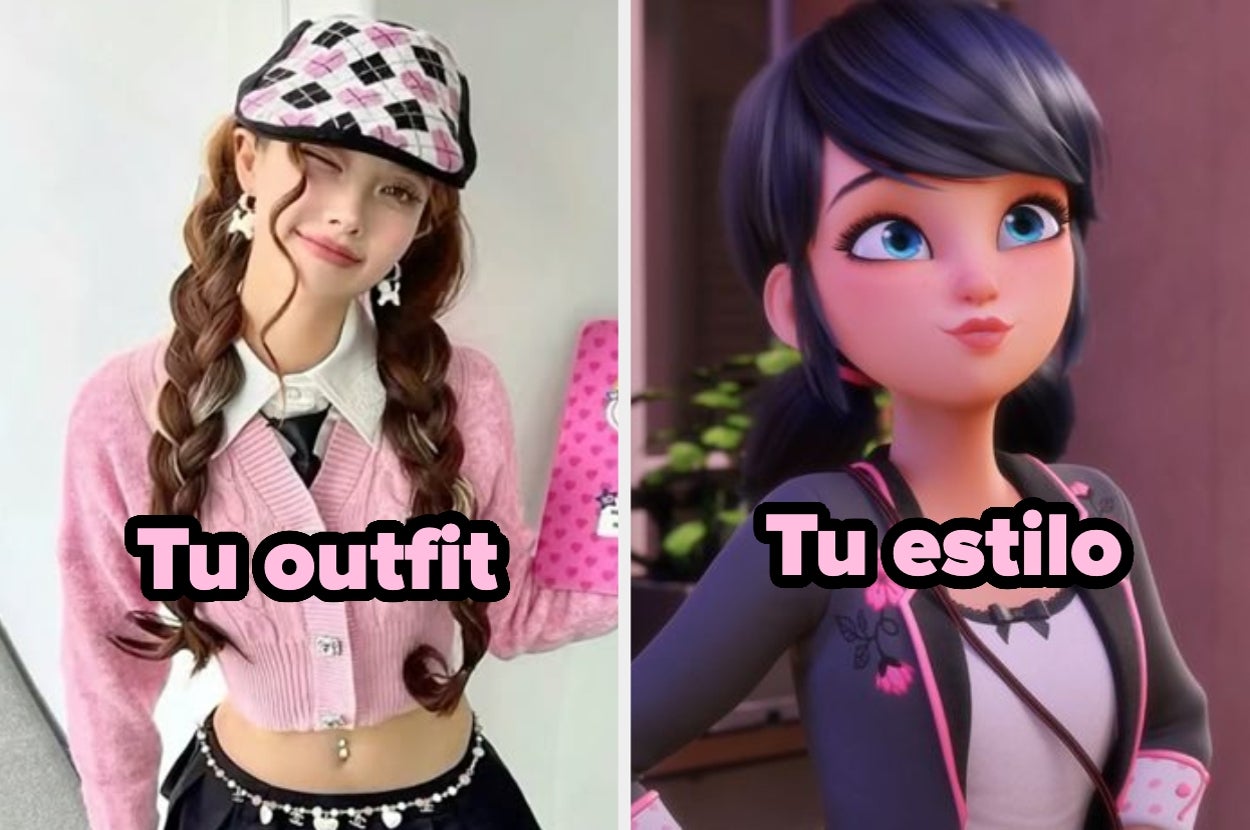 Persona a la izquierda con ropa de moda juvenil, incluyendo boina y cárdigan. Personaje animado a la derecha con estilo moderno y peinado oscuro