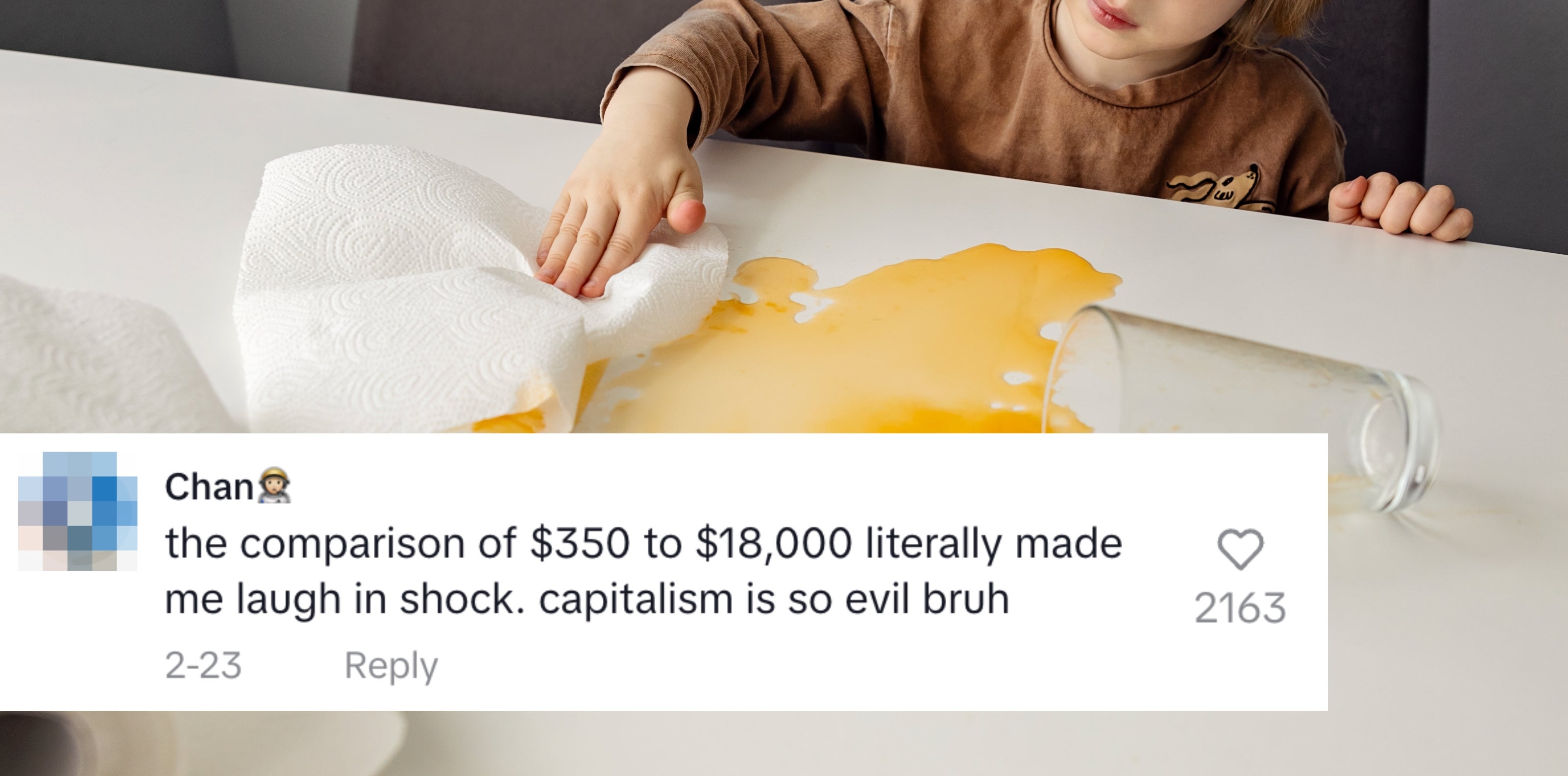 Søl som blir ryddet opp med papirhåndklær. Kommentar: & quot; Sammenligningen av $ 350 til $ 18.000 fikk meg bokstavelig talt til å le av sjokk. Kapitalismen er så ond Bruh & quot;