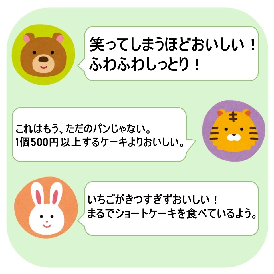 四つの動物キャラクターが互いにケーキの美味しさについて感想を述べている。