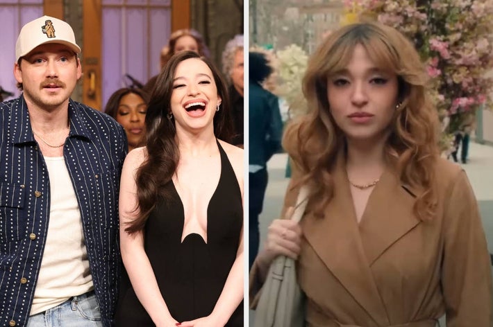 Two people on stage, one wearing a casual outfit and cap, the other in a stylish black dress, alongside an outdoor scene featuring someone in a trench coat