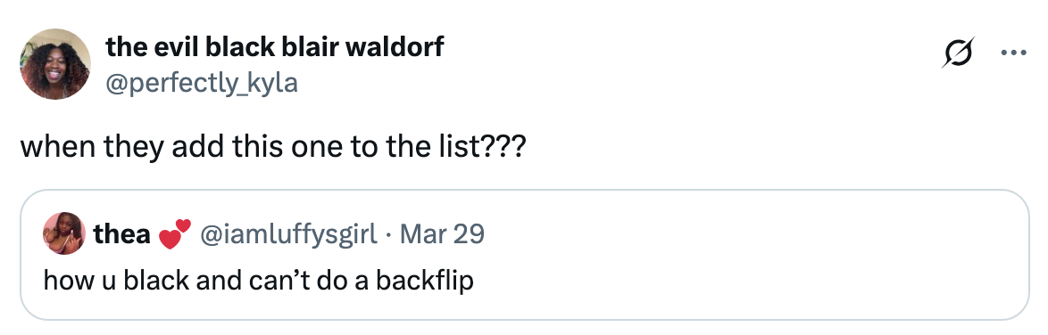 Tweet questioning when "this one" will be added to a list, referencing another tweet about doing a backflip