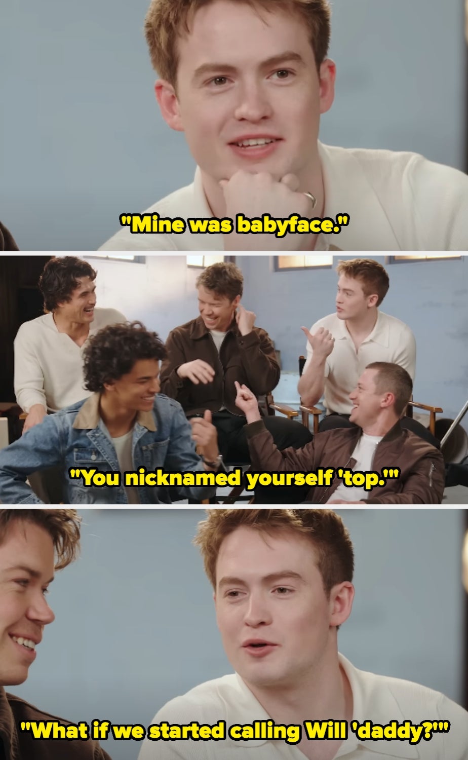 A group of people humorously discussing nicknames, with one person jokingly suggesting to call someone "daddy."