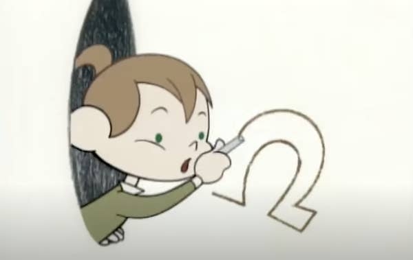 Animated character peeks from behind a wall, drawing an Omega symbol with a pencil