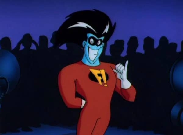 Animated superhero with blue skin, black mask, and red suit with "F!" on chest, strikes a confident pose against a crowd backdrop