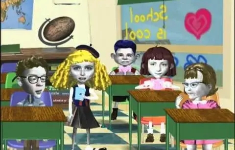 Animated classroom scene with stylized pupils sitting at desks. One standing character holds a book, while a wall message reads "School is cool."