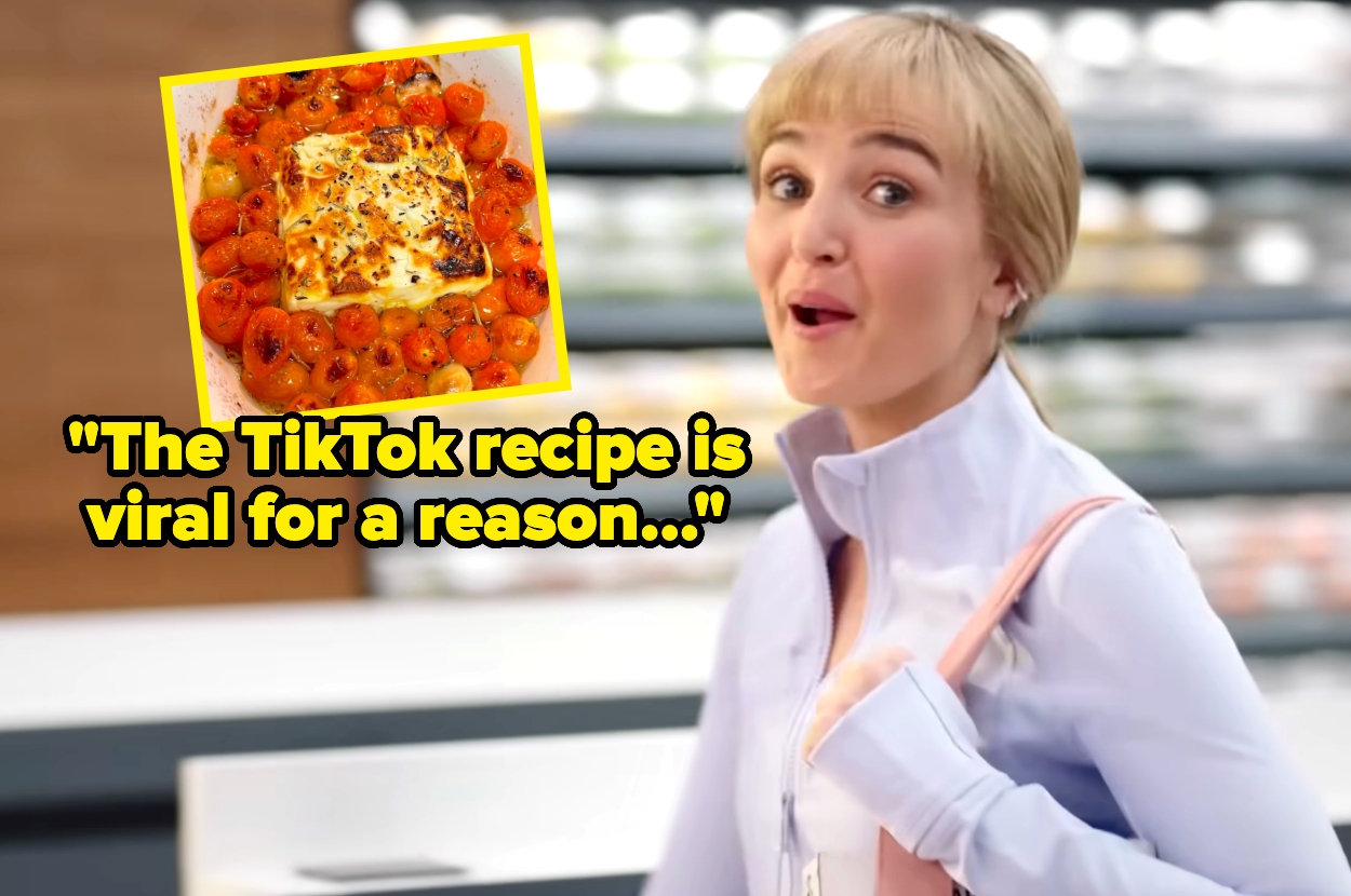 Chloe Fineman in a grocery store next to an inset image of baked feta with cherry tomatoes. Text reads: "The TikTok recipe is viral for a reason..."