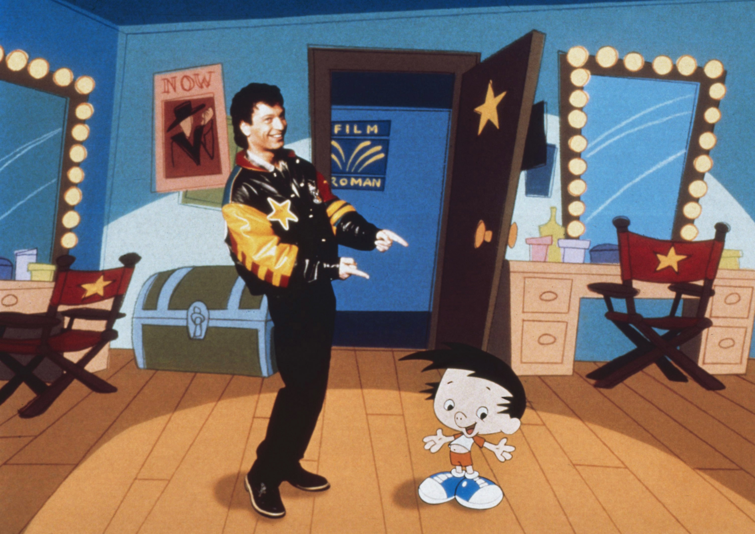 Animated character in a dressing room with a man in a starry jacket. The room has mirrors and film posters, suggesting a showbiz theme