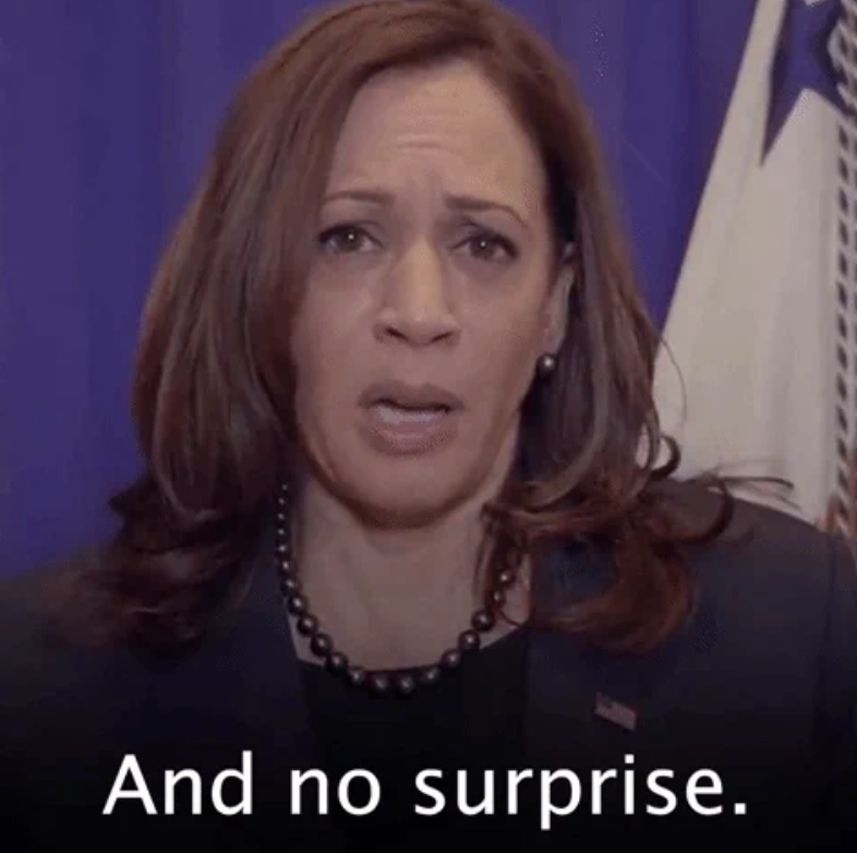 Person in a formal suit and necklace speaks with a serious expression. Text on image: "And no surprise."