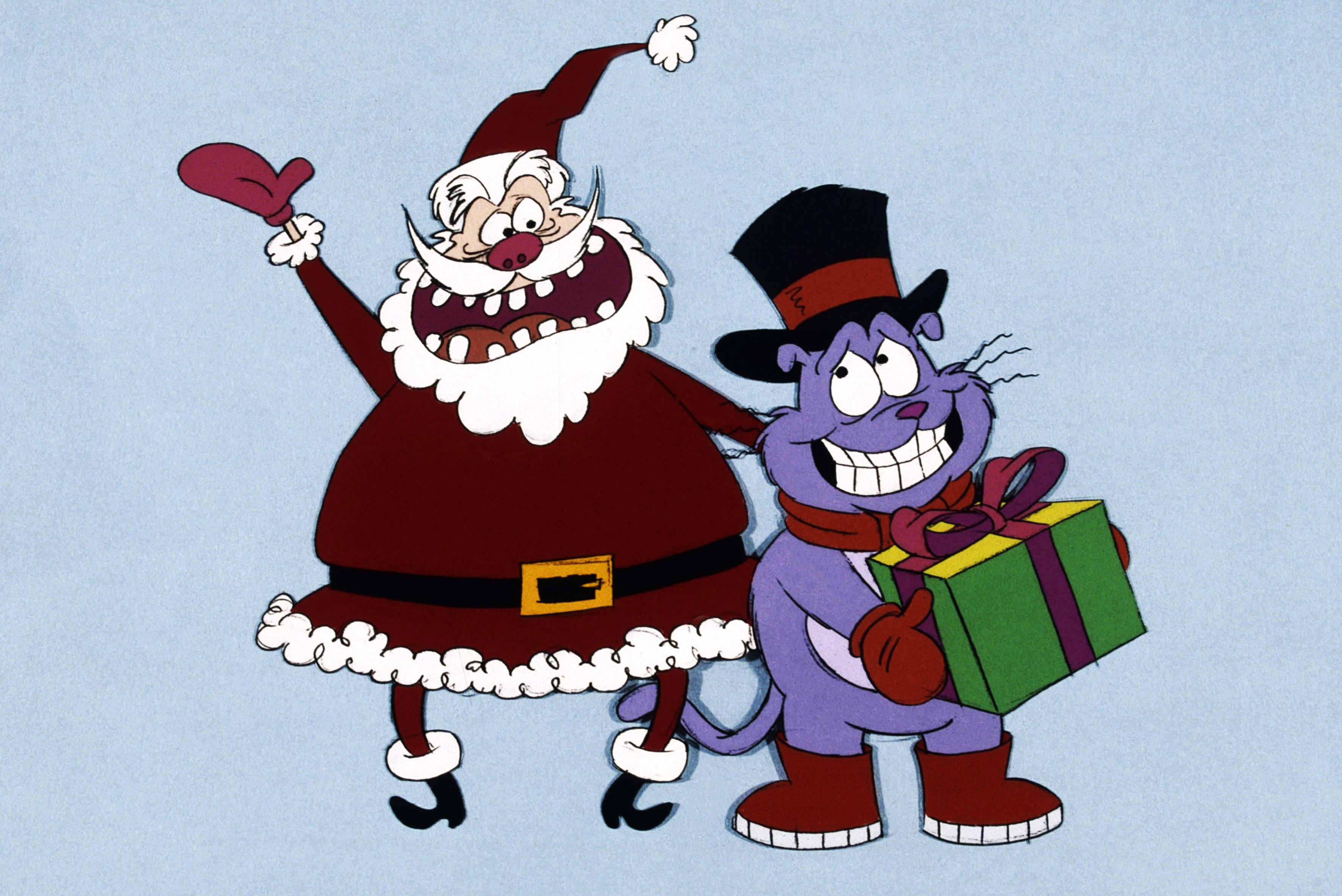 Animated Santa and a purple cat with a top hat hold a gift, smiling festively
